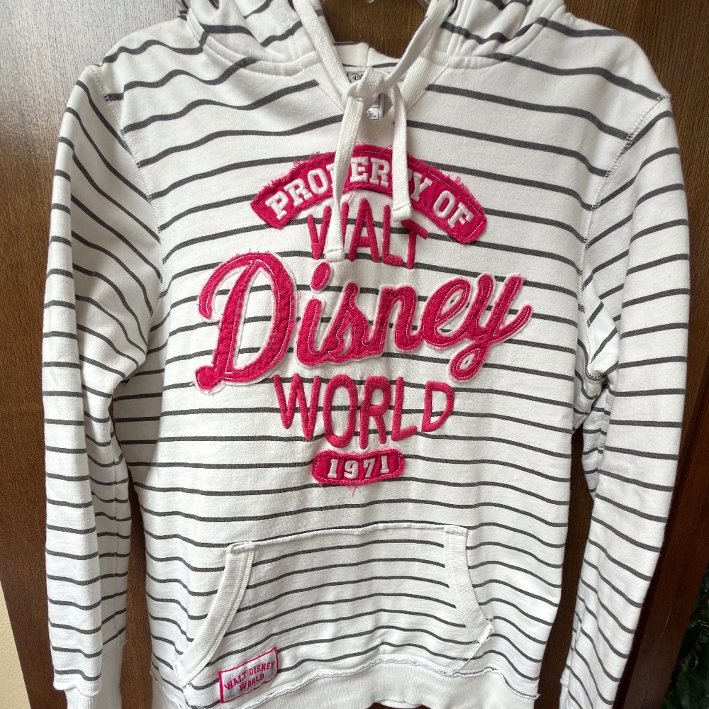 $69 Disney Parks XL White and Gray striped Hoodie with Pink Lettering